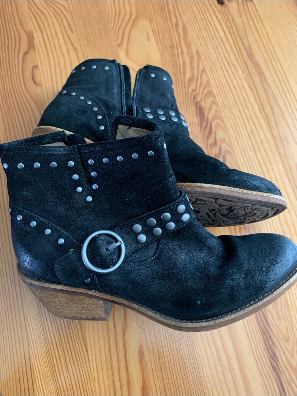 Sofft ALLENE II Black Suede Studded Ankle Boots with Ring Buckle